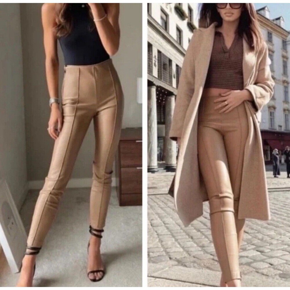 Zara Pants Womens Small Light Brown Camel Faux‎ Leather Skinny